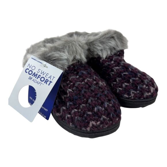 NEW Dearfoams Chunky Knit Clog Slippers Women's 9-10 Memory Purple Navy Faux Fur - Picture 1 of 9